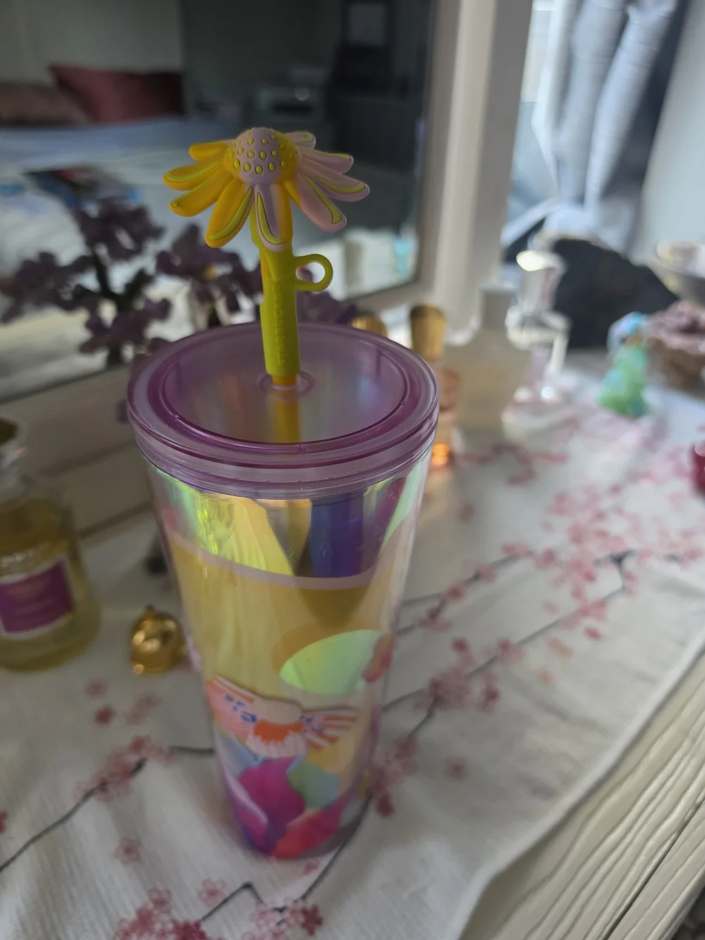 Starbucks Iridescent Cup with Purple Lid and Yellow-Pink Daisy Straw